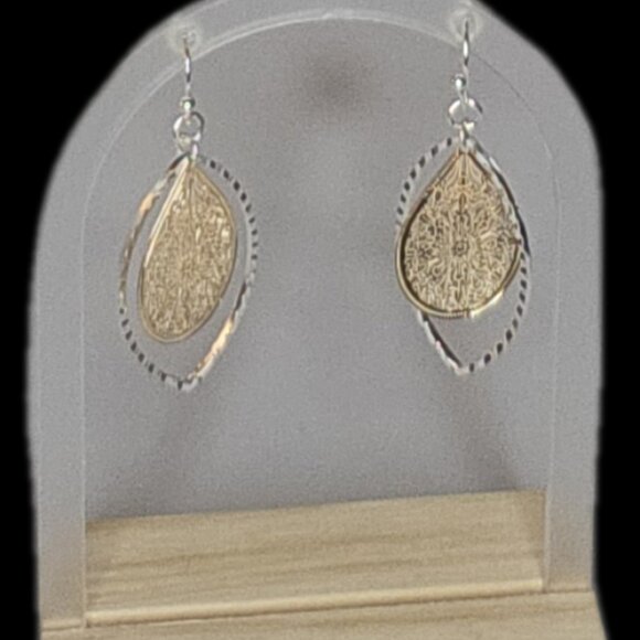 Hand-hammered Delicate Gold-Silver Filagree Open, Spinner Teardrop Earrings - Picture 3 of 15